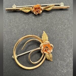 Vintage Gold and Orange Rose Brooch Set